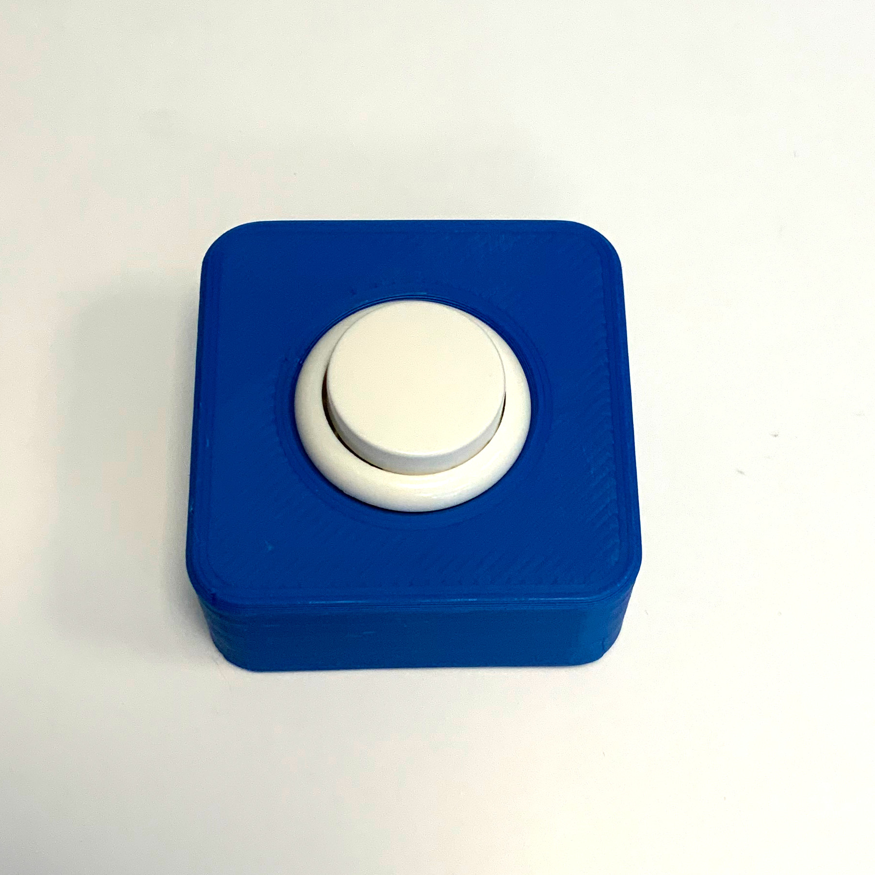blaues Buttongehäuse mit weißem Knopf